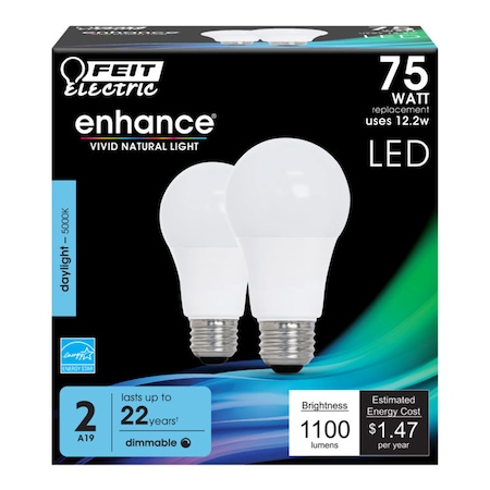 Feit Electric Feit Enhance A19 E26 (Medium) LED Bulb Daylight 75 Watt Equivalence 2 pk OM75DM/950CA/2